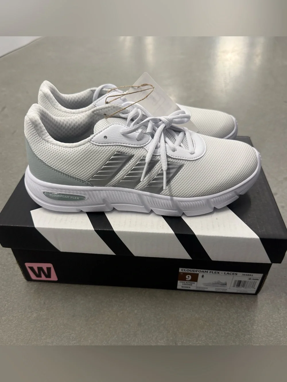 Adidas Cloudfoam Flex Lace Sneakers White Silver, Womens Size 9